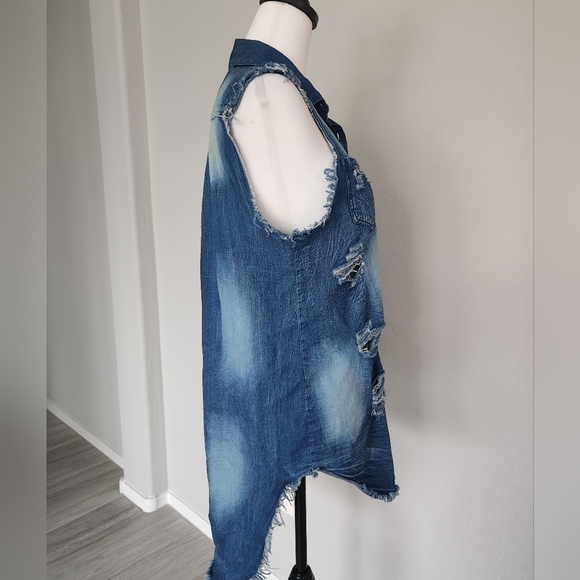 Thrill Jeans Sleeveless Denim Distressed Collared Top Shirt Blouse High Low Sz M - Picture 4 of 14